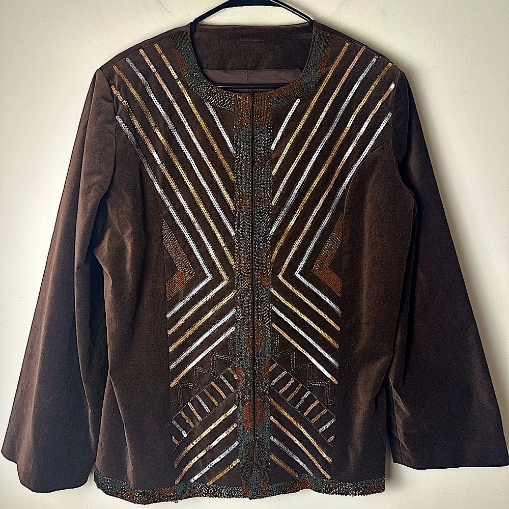Vintage Women’s Sequin Geometric Velvet Jacket M/L Statement Glam Art Deco Vibes
